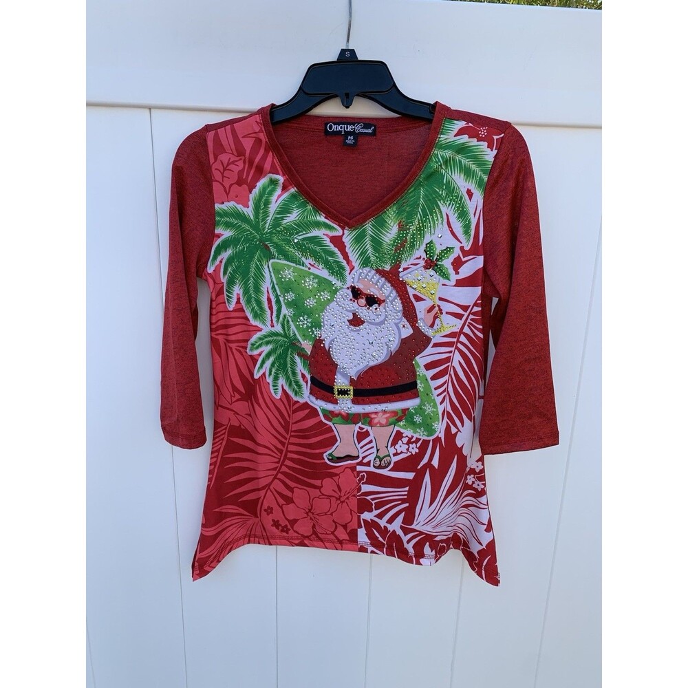 Onque Casuals Women’s Tropical Santa Sparkle Christmas 3/4 Sleeves Petite Small